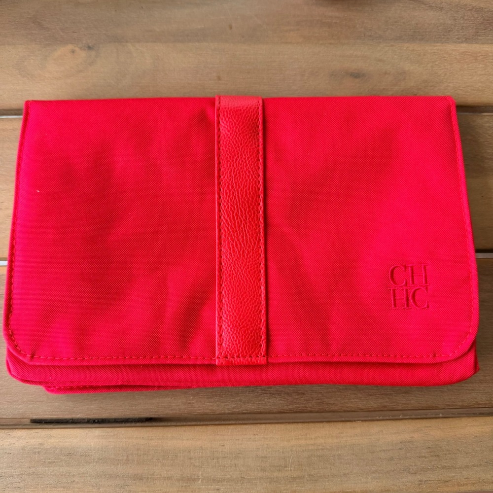Carolina Herrera Red Canvas Cosmetic Bag Toiletry Organizer Clutch Bag
